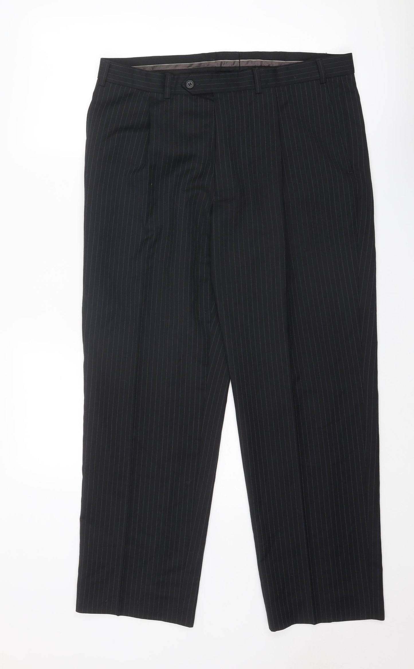 Marks and Spencer Mens Black Striped Polyester Dress Pants Trousers Size 36 in L28 in Regular Zip