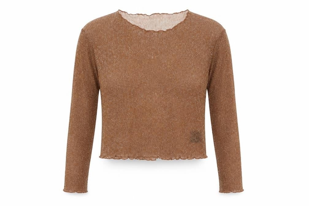 Front view of MOMOKROM women’s brown polyamide basic t-shirt, size UK 8, round neck