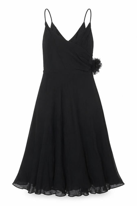 Front view of Monsoon women’s black polyester a-line, size UK 12, v-neck zip