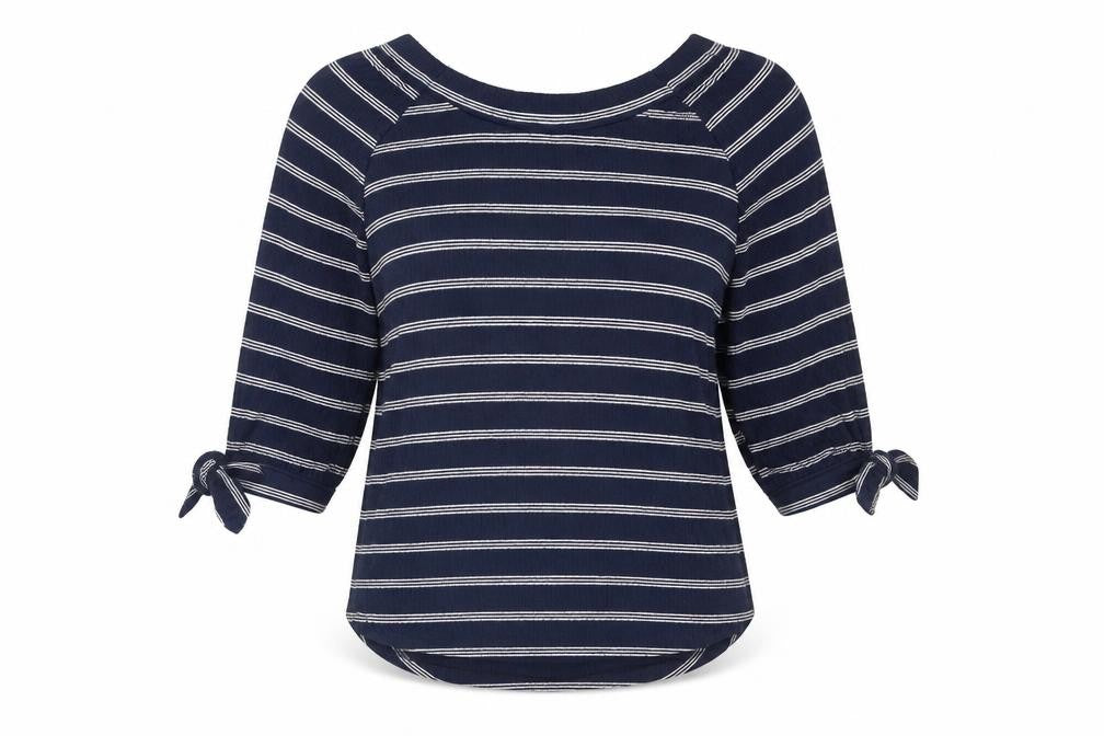 M&Co Womens Blue Striped Polyester Basic Blouse Size 8 Round Neck