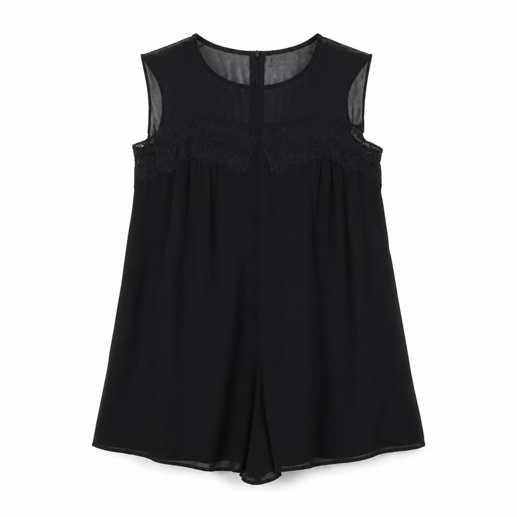 Front view of Zara women’s black polyester playsuit one-piece, size L, 3-inch leg zip