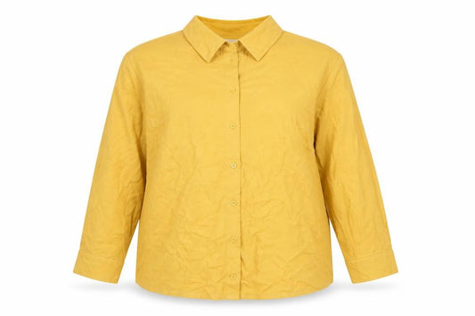 Front view of Mona women’s yellow viscose basic button-up, size UK 16, collared