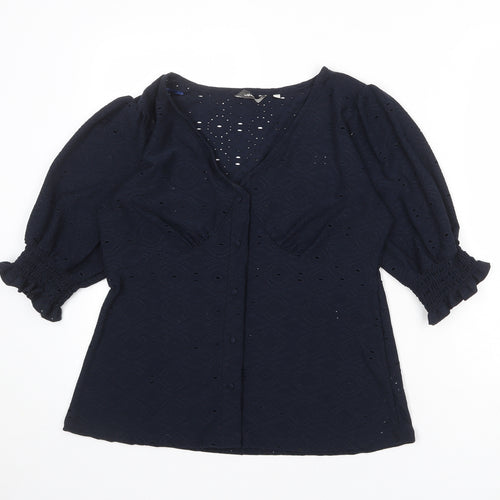 NEXT Womens Blue Polyester Basic Button-Up Size XS V-Neck - Broderie Anglaise