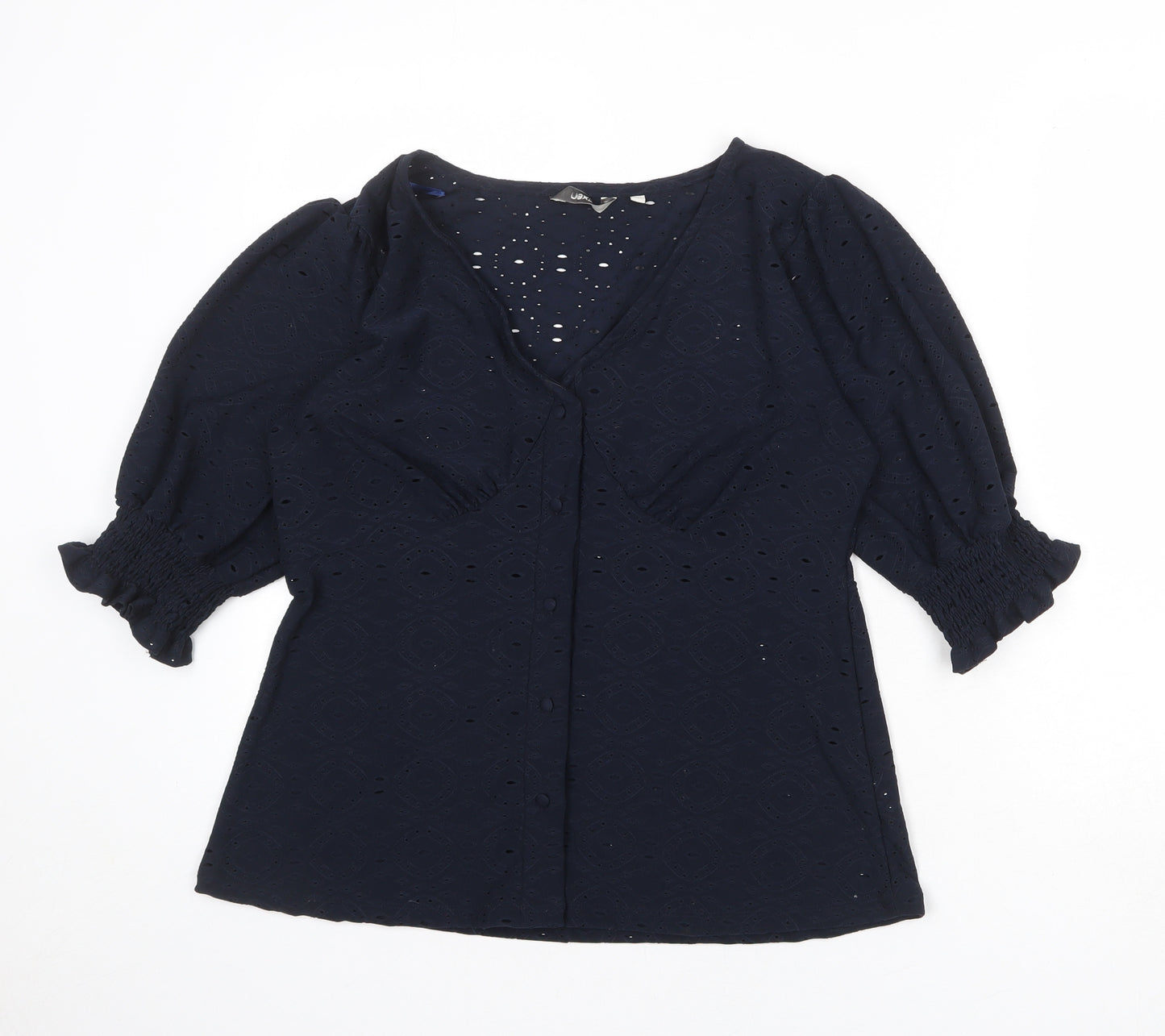 NEXT Womens Blue Polyester Basic Button-Up Size XS V-Neck - Broderie Anglaise