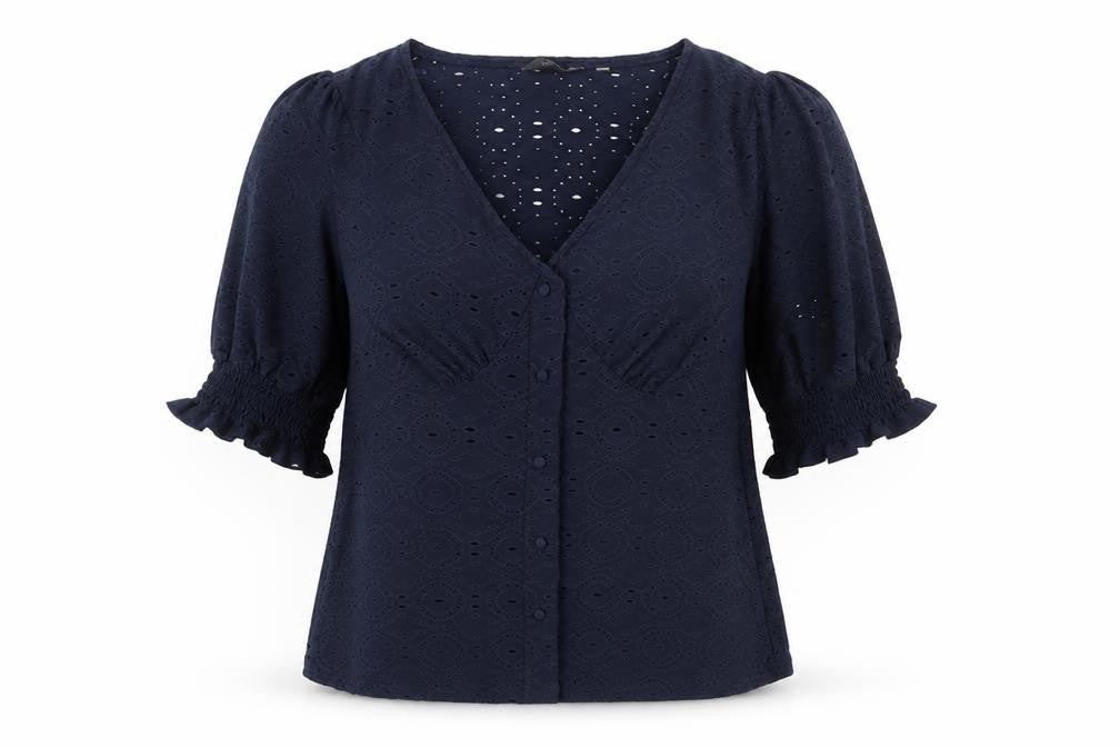 Front view of Next women’s blue polyester basic button-up, size XS, v-neck - broderie anglaise