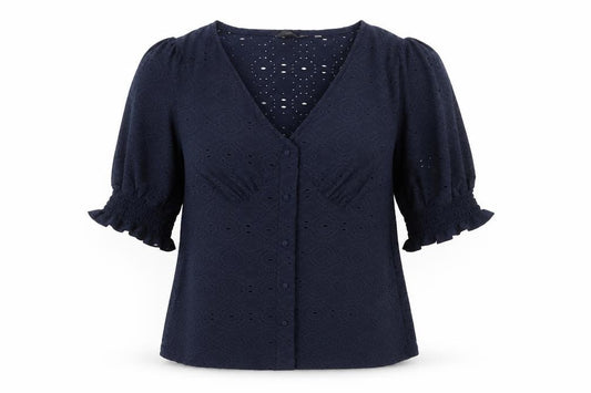 Front view of Next women’s blue polyester basic button-up, size XS, v-neck - broderie anglaise