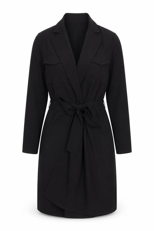 Front view of ASOS women’s black polyester jacket dress, size UK 6, v-neck tie