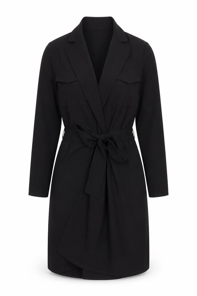 Front view of ASOS women’s black polyester jacket dress, size UK 6, v-neck tie