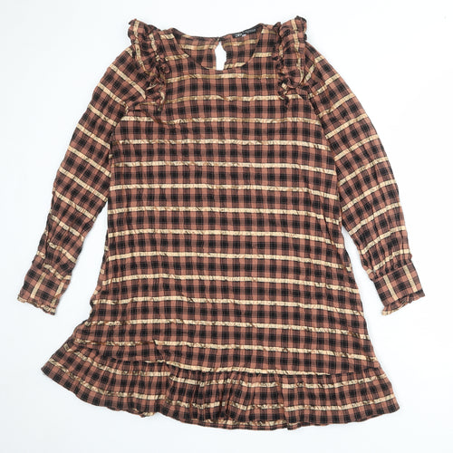 Zara Womens Multicoloured Plaid Viscose A-Line Size M Round Neck Button
