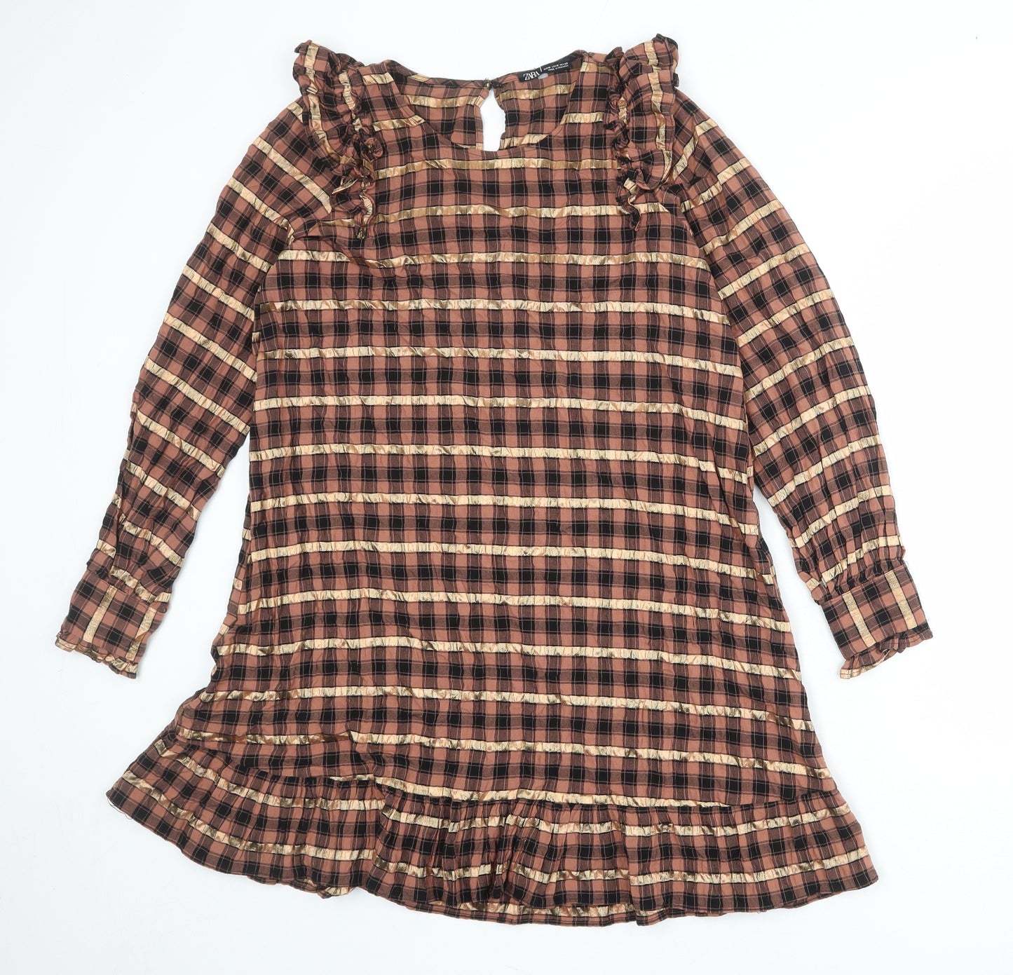 Zara Womens Multicoloured Plaid Viscose A-Line Size M Round Neck Button