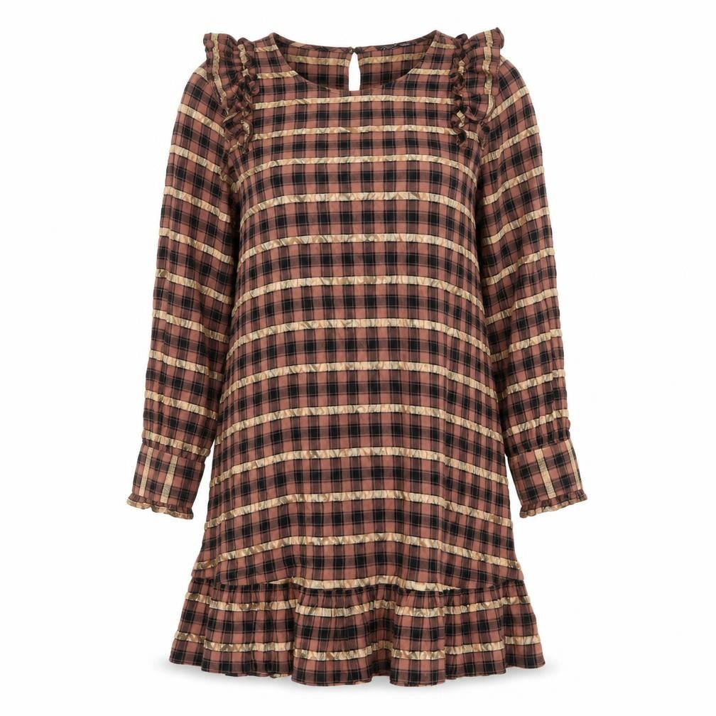 Front view of Zara women’s multicoloured plaid viscose a-line, size M, round neck button
