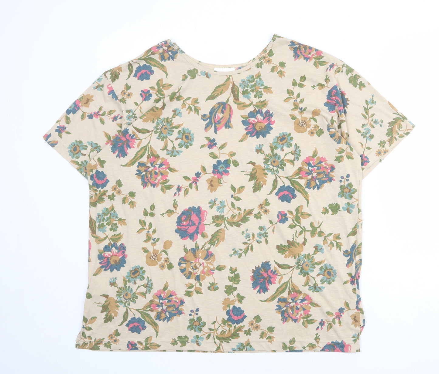 Leisure Womens Beige Floral Cotton Basic Blouse Size 24 Round Neck - Size 24-26
