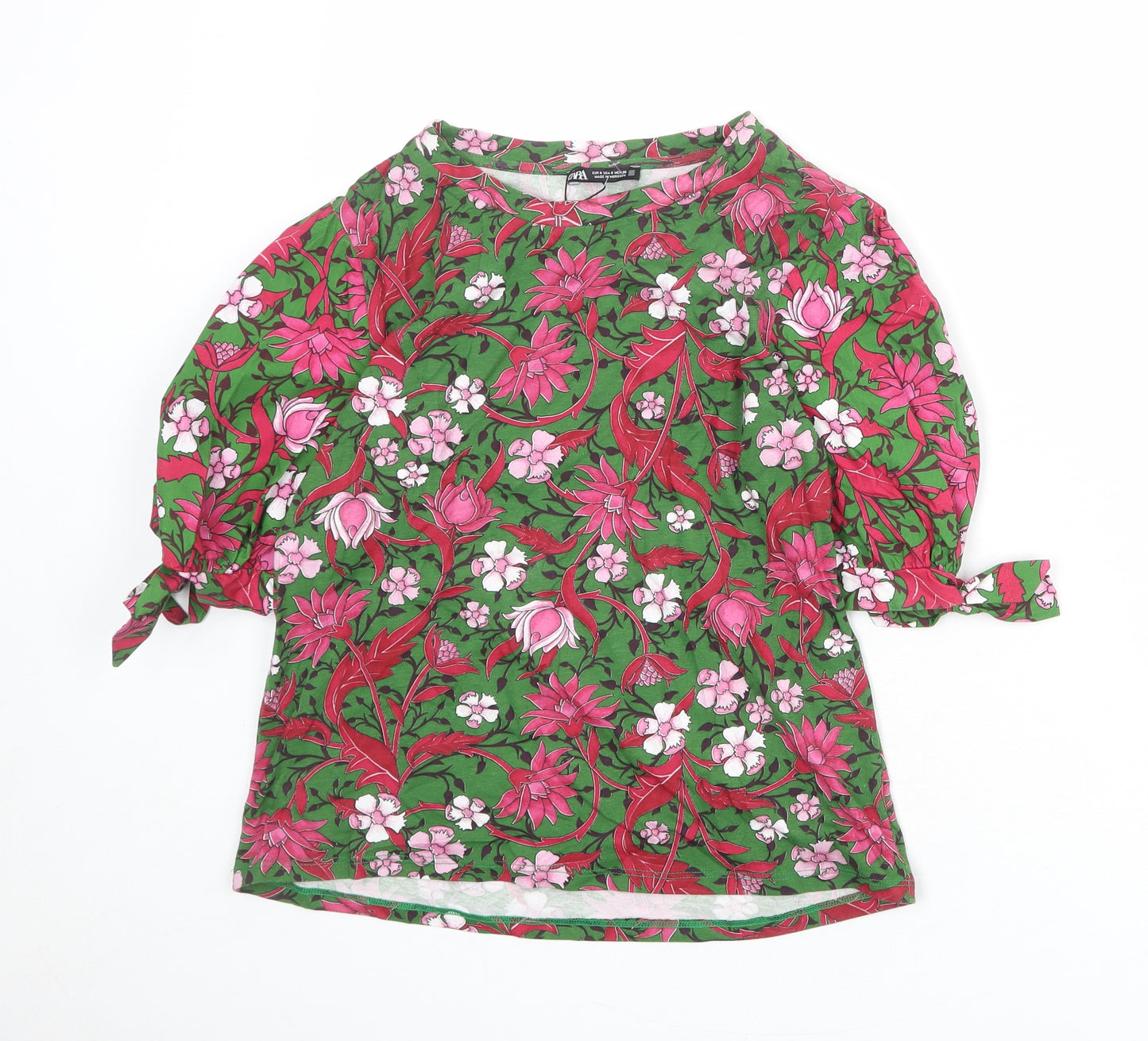 Zara Womens Green Floral 100% Cotton Basic Blouse Size S Round Neck