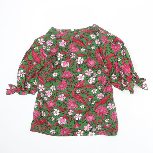Zara Womens Green Floral 100% Cotton Basic Blouse Size S Round Neck
