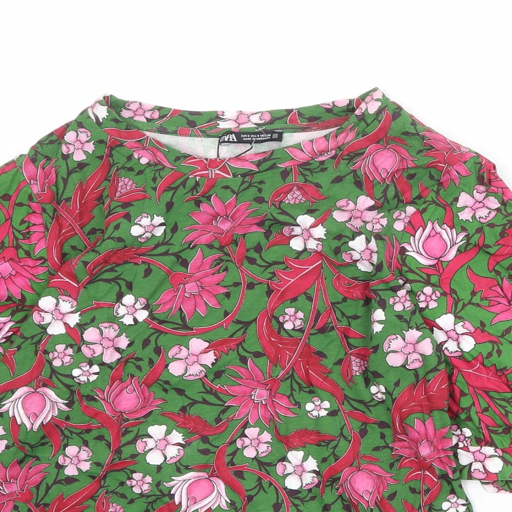 Zara Womens Green Floral 100% Cotton Basic Blouse Size S Round Neck