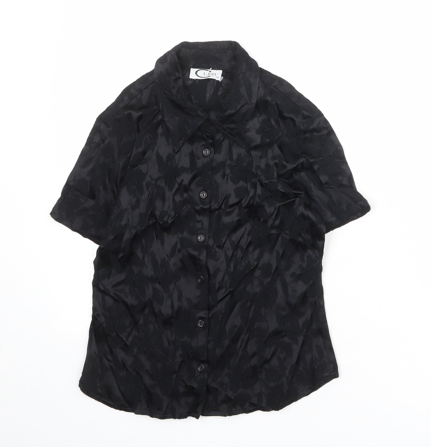 LEO Womens Black Viscose Basic Button-Up Size 10 Collared