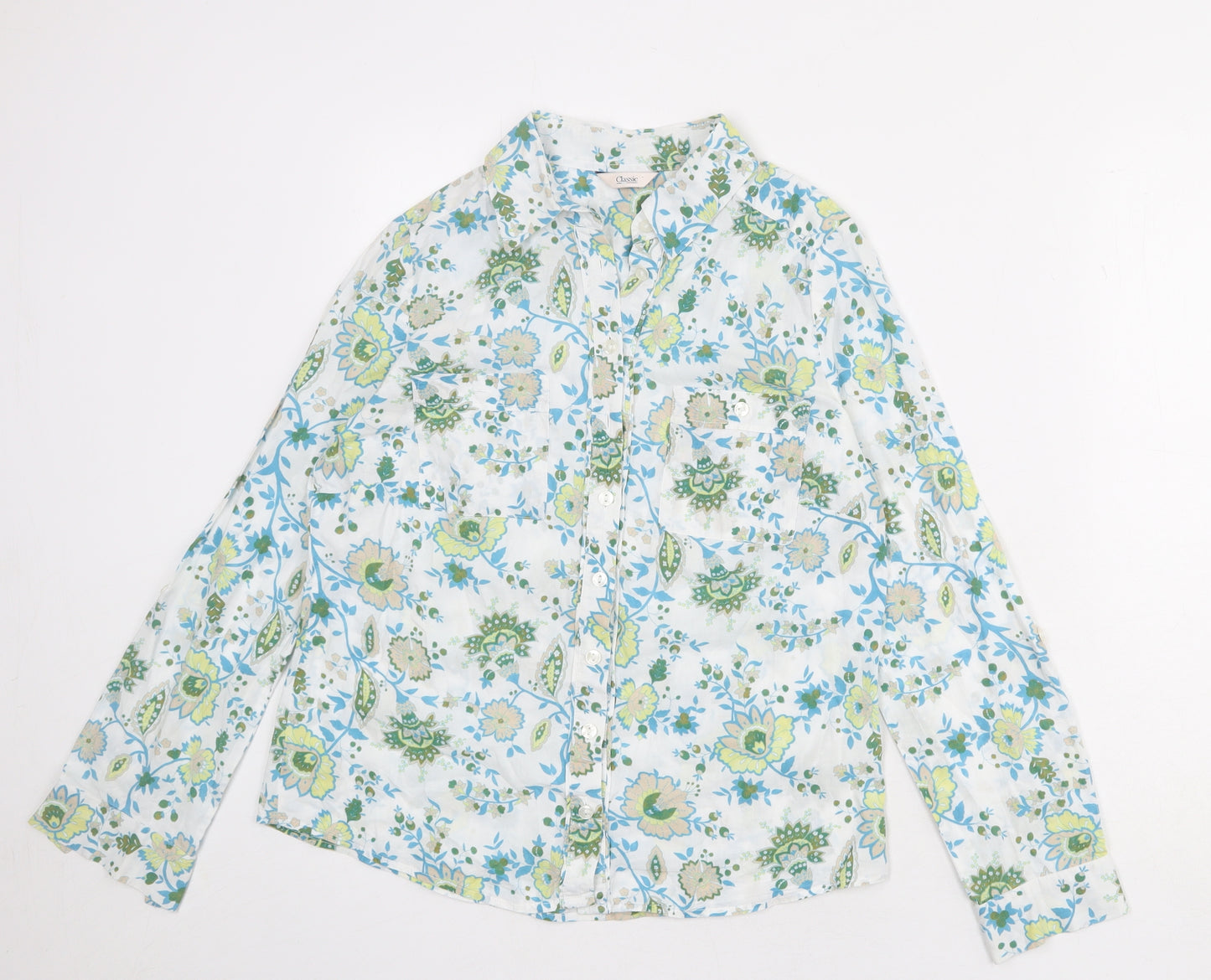 Classic Womens White Geometric 100% Cotton Basic Button-Up Size 10 Collared