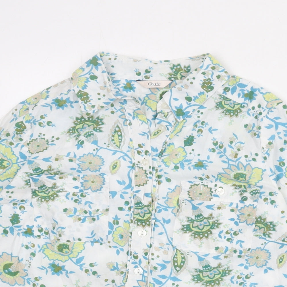 Classic Womens White Geometric 100% Cotton Basic Button-Up Size 10 Collared