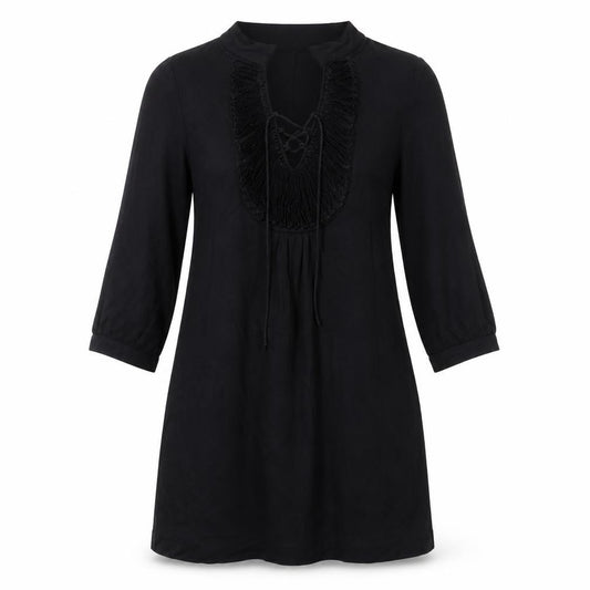 Front view of Minuet women’s black viscose kaftan, size UK 10, v-neck tie