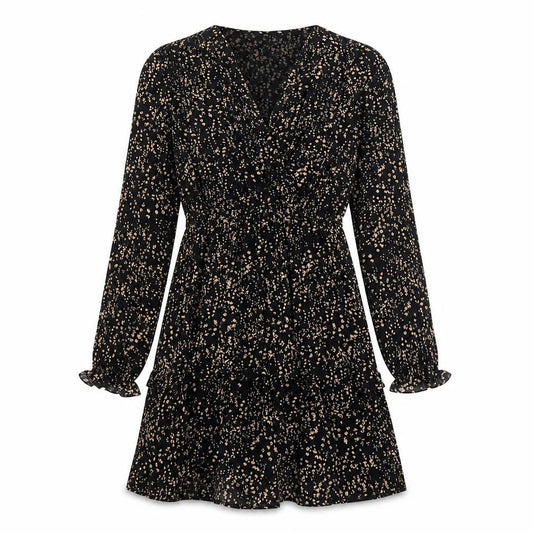 Front view of Mango women’s black geometric polyester a-line, size UK 8, v-neck pullover