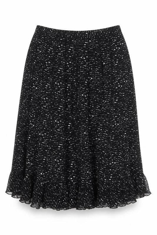 Front view of Punt Roma women’s black geometric polyester swing skirt, size UK 10, zip