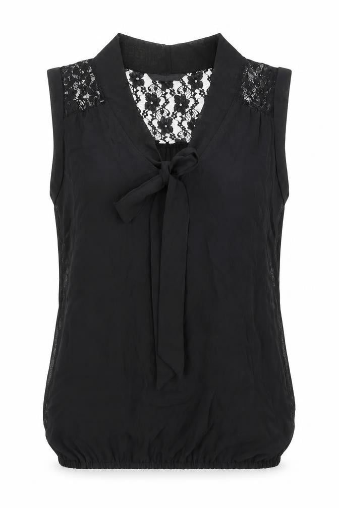Front view of Dorothy Perkins women’s black polyester basic tank, size UK 14, v-neck - lace details