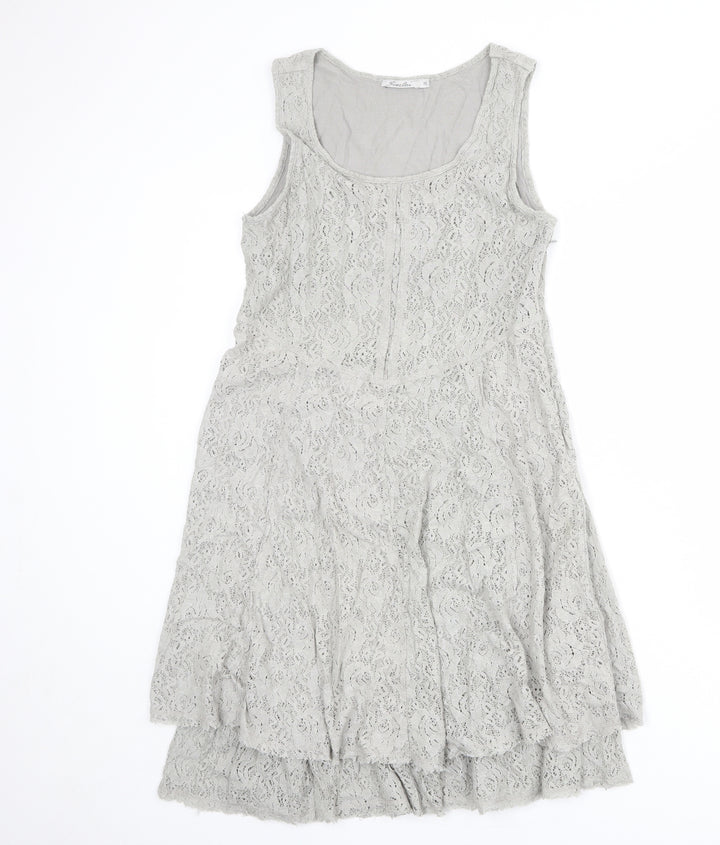 Simclan Womens Grey Geometric Polyester Trapeze & Swing Size 8 Scoop Neck Zip