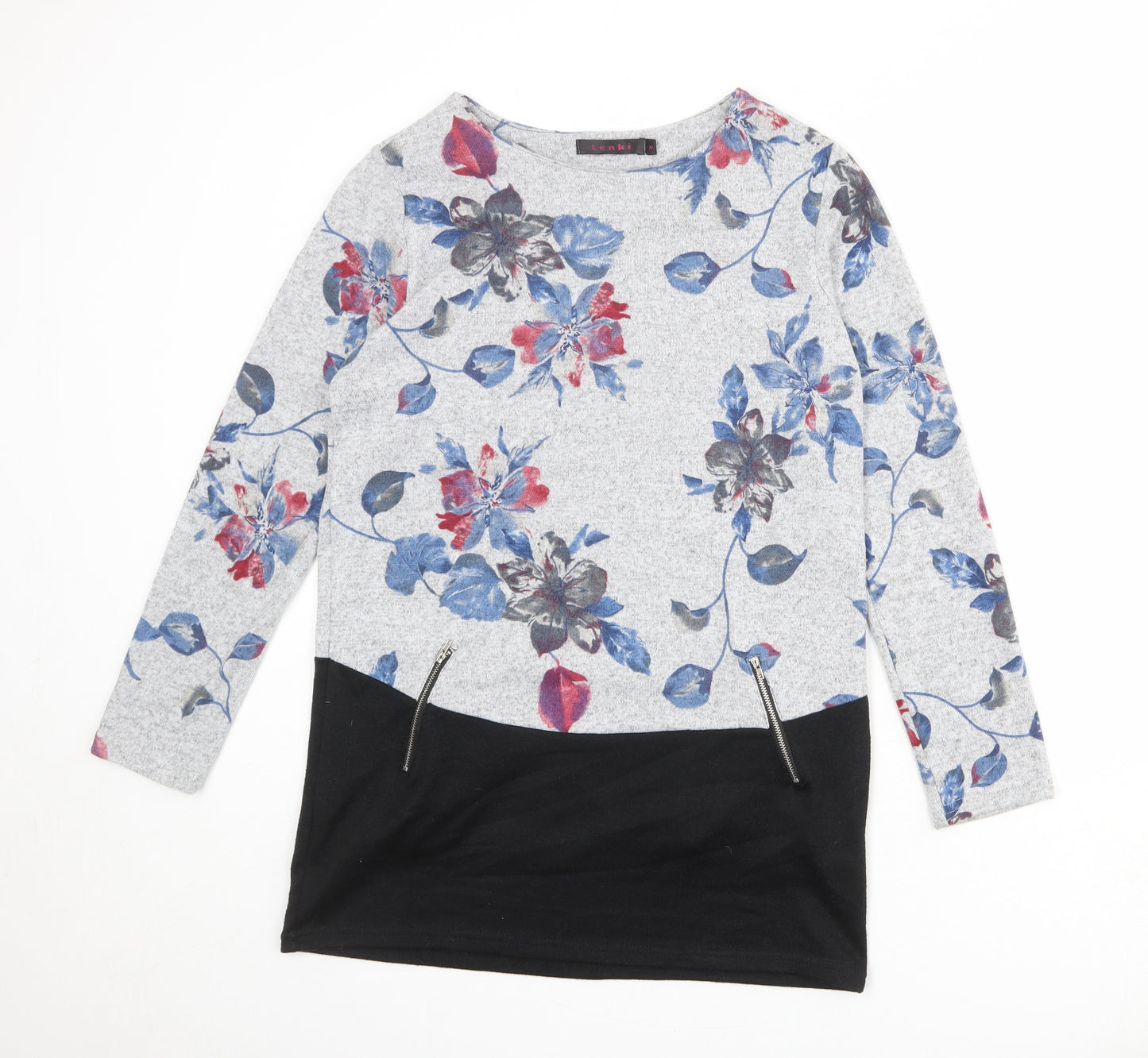 Tenki Womens Grey Floral Polyester Basic T-Shirt Size M Round Neck