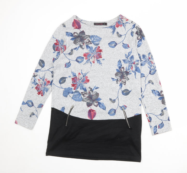 Tenki Womens Grey Floral Polyester Basic T-Shirt Size M Round Neck