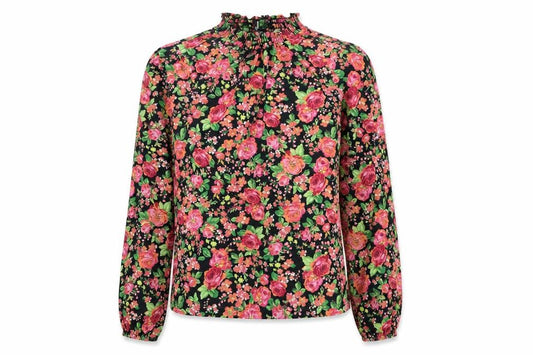 Front view of Oasis women’s multicoloured floral polyester basic blouse, size XS, mock neck