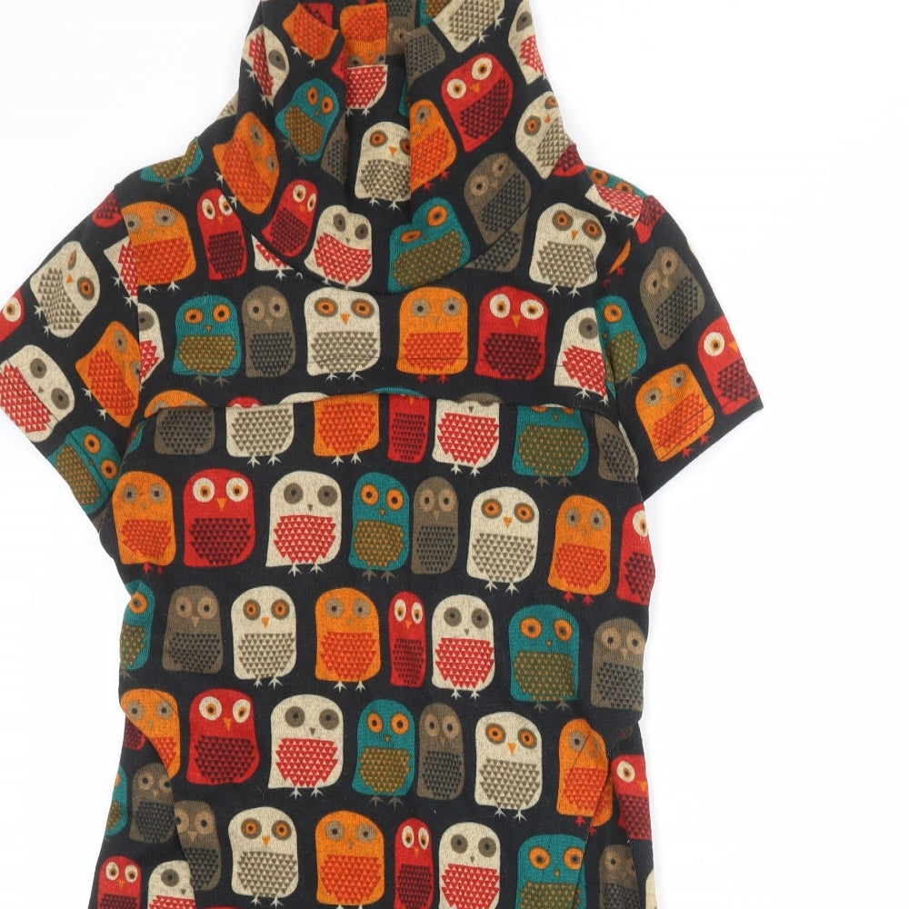 Tenki Womens Multicoloured Geometric Cotton A-Line Size M High Neck Pullover - Owl Pattern