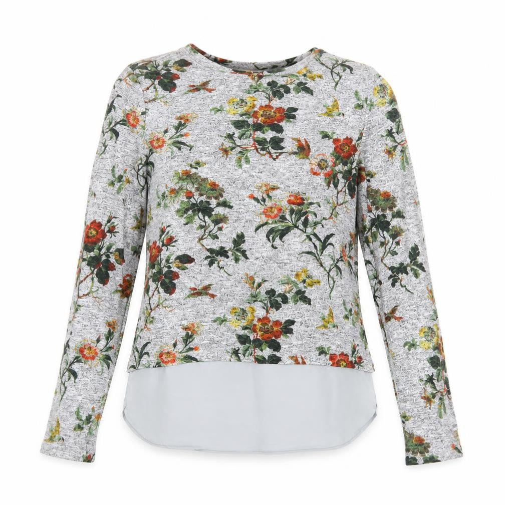 Front view of Oasis women’s grey round neck floral viscose jumper, size S