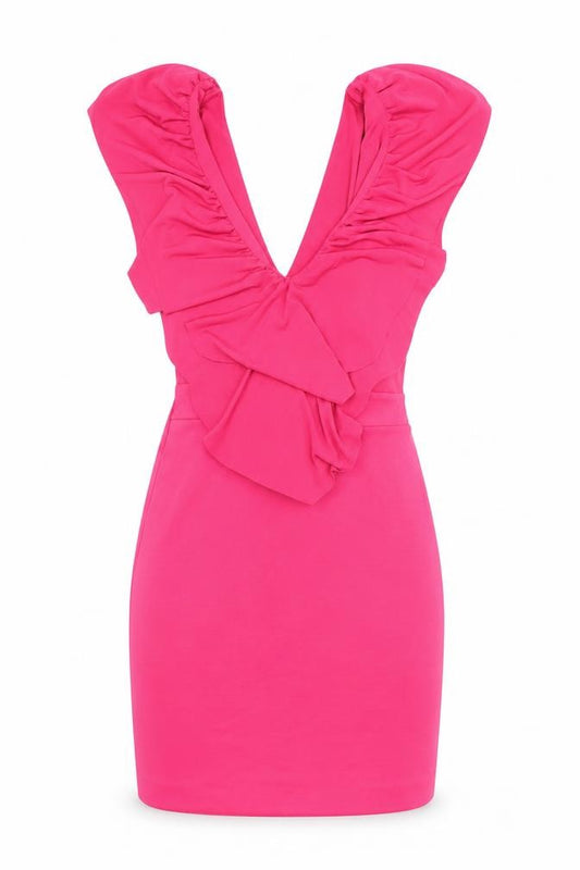 Front view of Hedonia women’s pink polyester bodycon, size UK 8, v-neck pullover