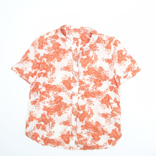 Classic Womens White Floral 100% Cotton Basic Button-Up Size 14 Collared