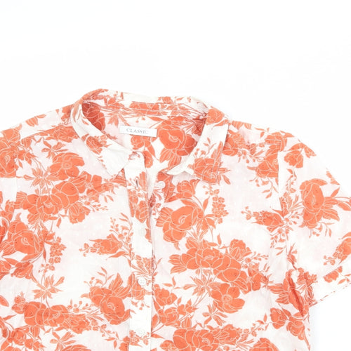 Classic Womens White Floral 100% Cotton Basic Button-Up Size 14 Collared