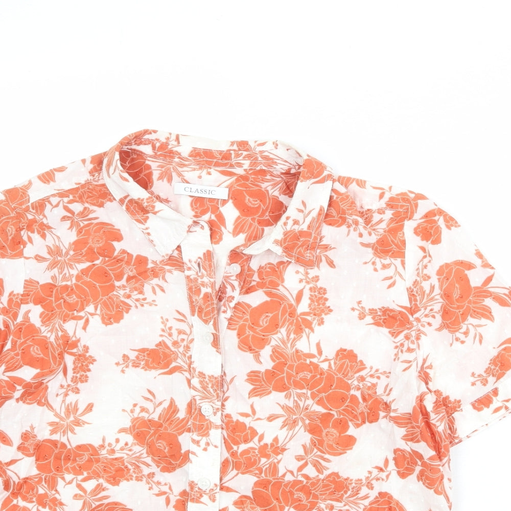 Classic Womens White Floral 100% Cotton Basic Button-Up Size 14 Collared