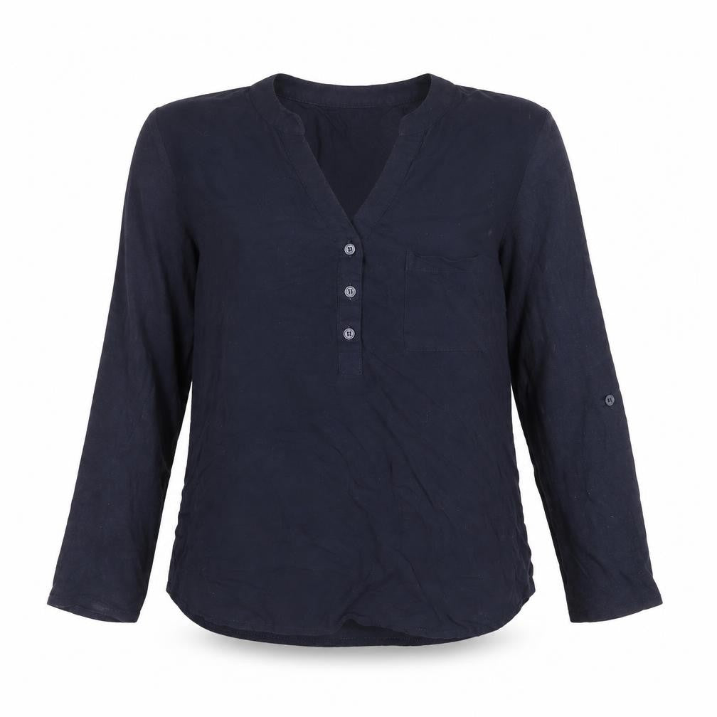Front view of Merona women’s blue viscose basic blouse, size XS, round neck