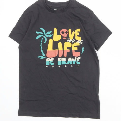 Marks and Spencer Boys Grey 100% Cotton Basic T-Shirt Size 9-10 Years Round Neck Pullover - Love Life Be Brave