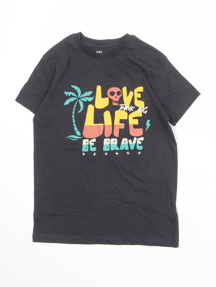 Marks and Spencer Boys Grey 100% Cotton Basic T-Shirt Size 9-10 Years Round Neck Pullover - Love Life Be Brave