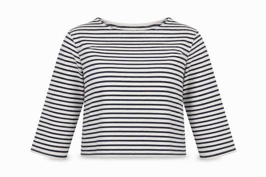 Front view of ASOS women’s white striped polyester cropped blouse, size UK 18, round neck