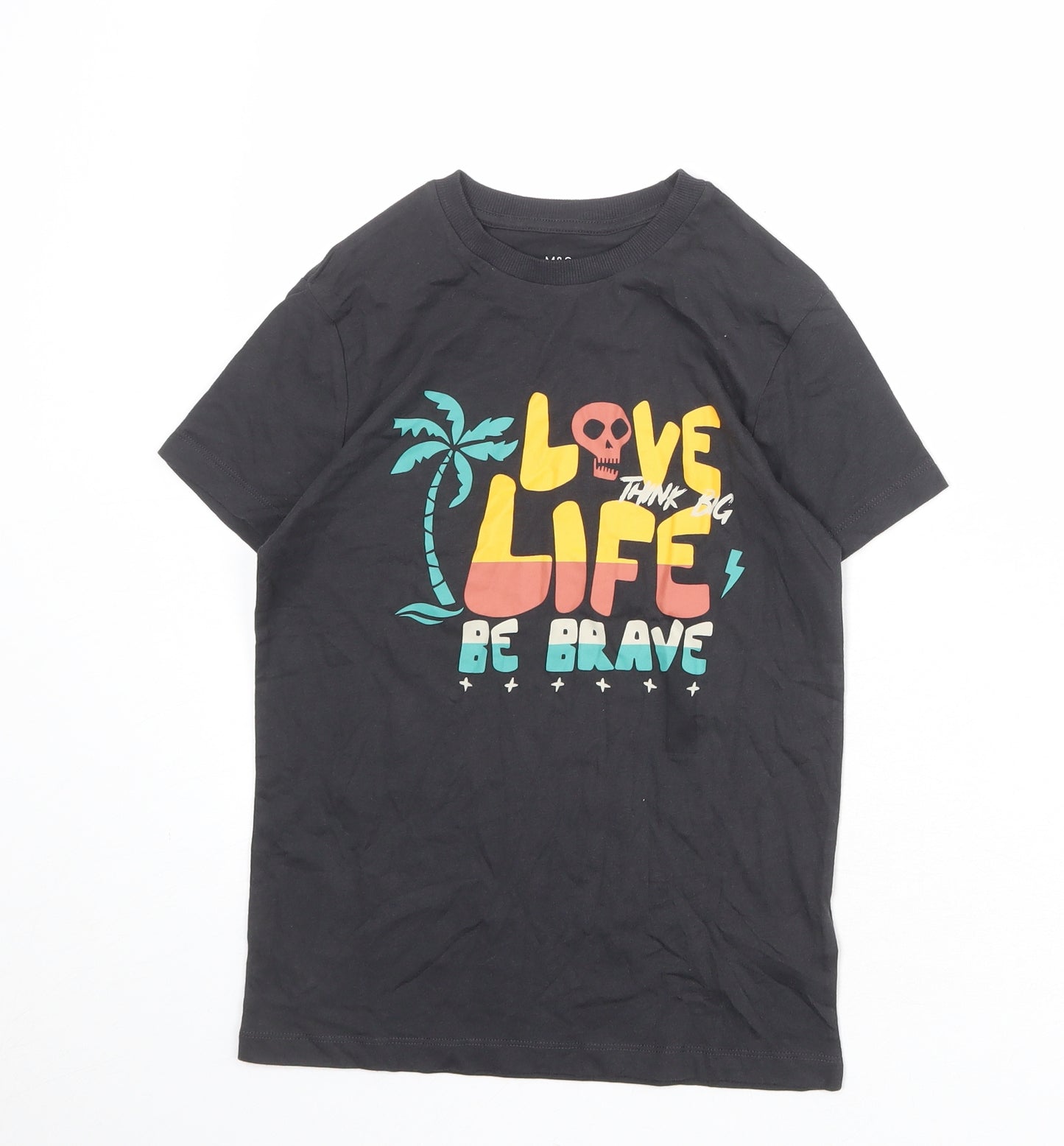 Marks and Spencer Boys Grey 100% Cotton Basic T-Shirt Size 9-10 Years Round Neck Pullover - Love Life Be Brave
