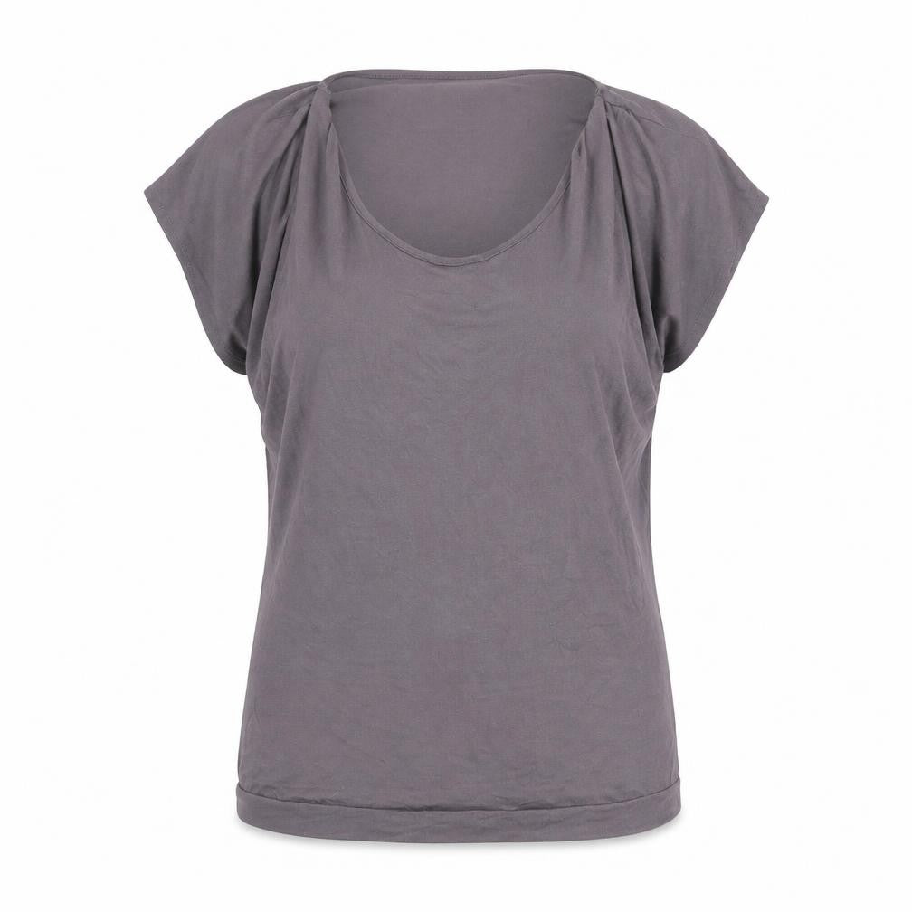 Front view of Ecaline women’s grey viscose basic t-shirt, size XL, cowl neck
