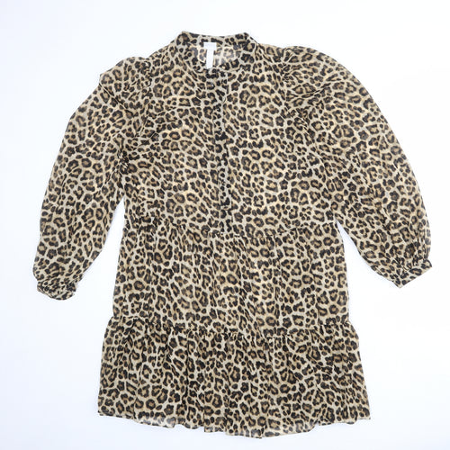 H&M Womens Multicoloured Animal Print Polyester A-Line Size S Round Neck Button - Leopard pattern