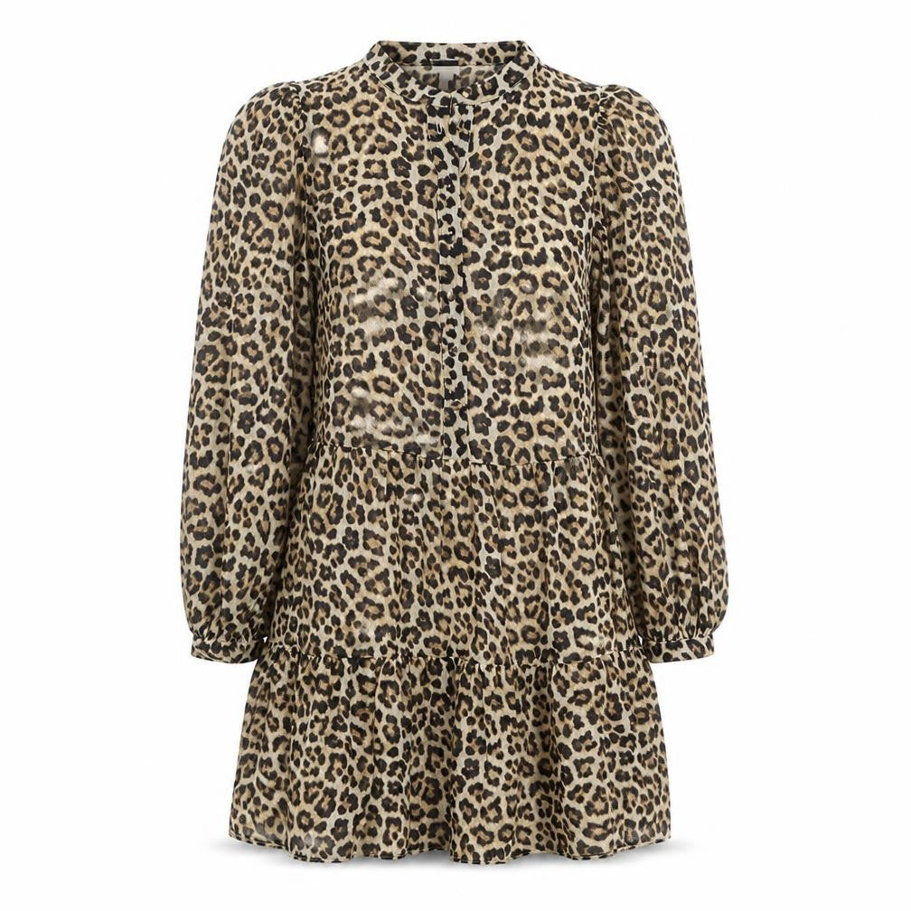 Front view of H&M women’s multicoloured animal print polyester a-line, size S, round neck button - leopard pattern