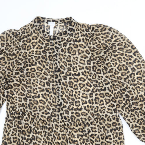 H&M Womens Multicoloured Animal Print Polyester A-Line Size S Round Neck Button - Leopard pattern