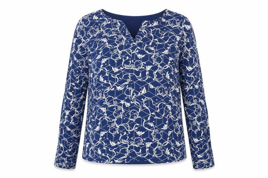 Front view of ML women’s blue geometric viscose basic blouse, size M, v-neck