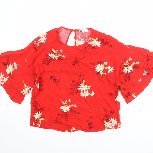 Warehouse Womens Red Floral Viscose Basic Blouse Size 8 Round Neck