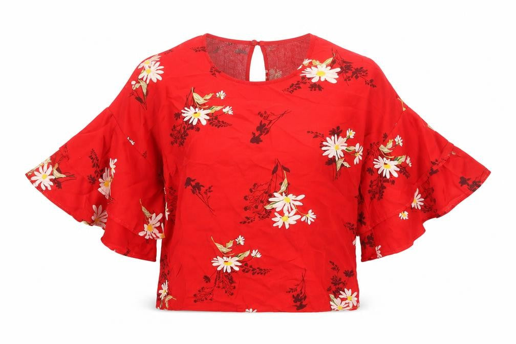 Front view of Warehouse women’s red floral viscose basic blouse, size UK 8, round neck