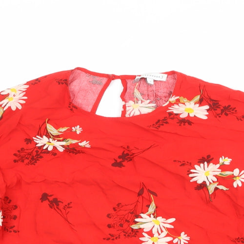 Warehouse Womens Red Floral Viscose Basic Blouse Size 8 Round Neck
