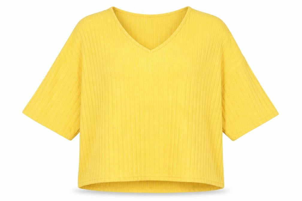 Front view of New Look women’s yellow v-neck polyester jumper, size L